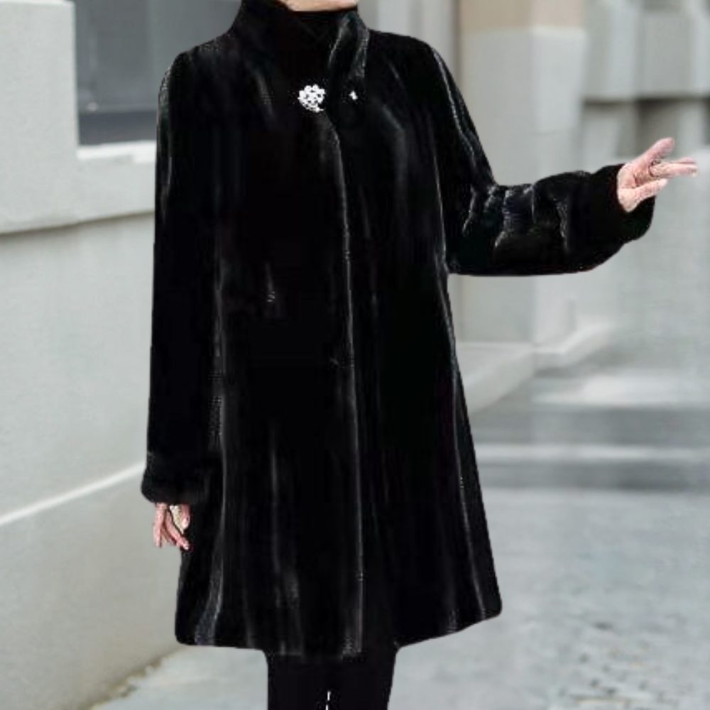 Women's black A-line faux-fur stand-collar coat, angled view