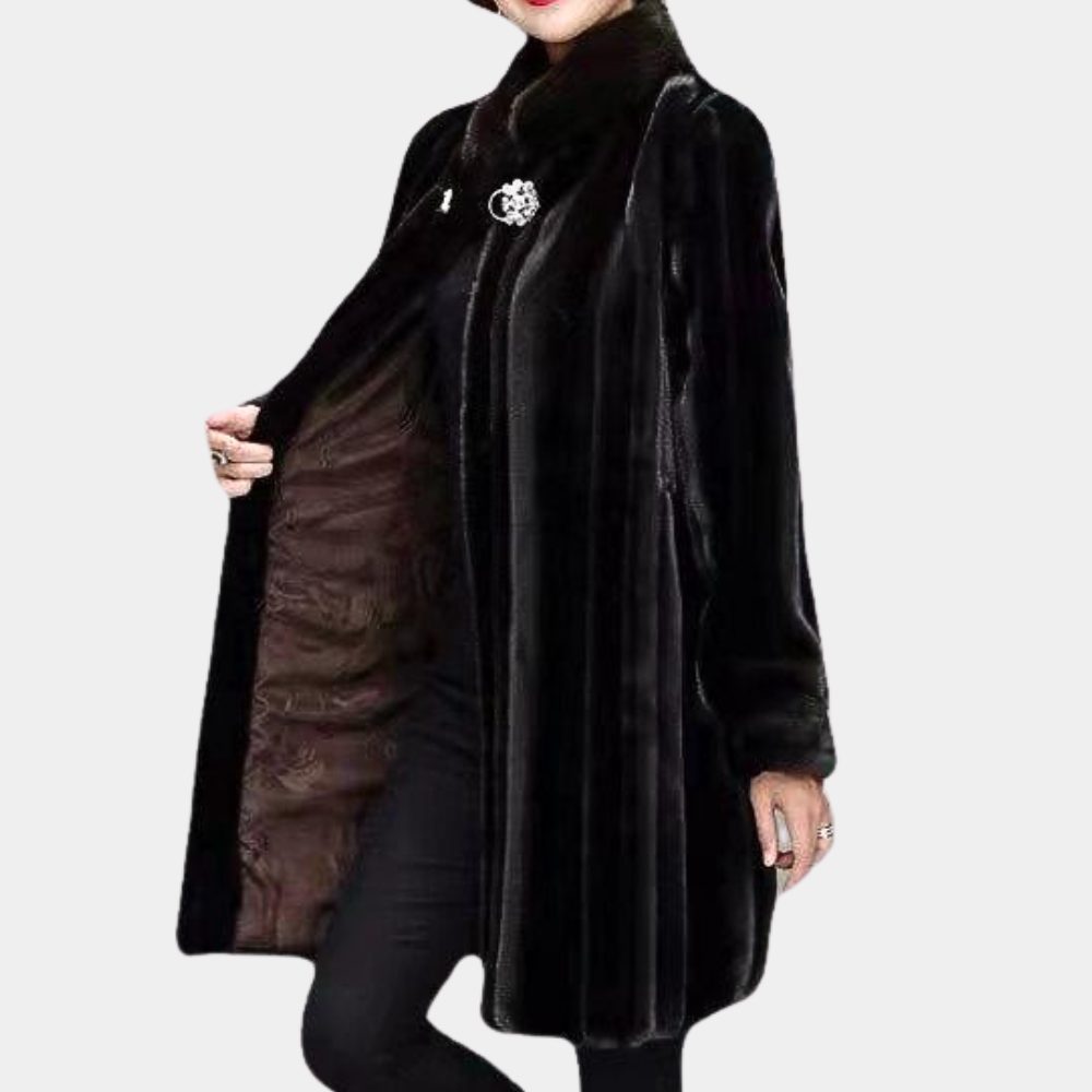 Women's black faux-fur coat shown open to reveal lining