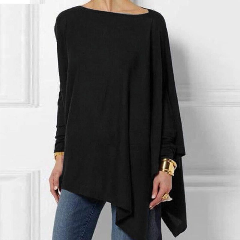 Women's black asymmetrical long-sleeve tunic top, front view
