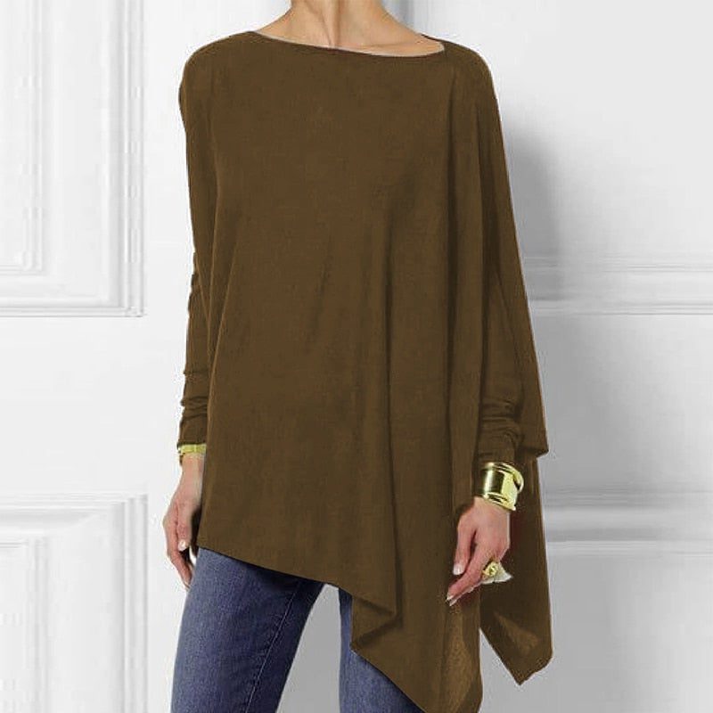 Women's coffee brown asymmetrical long-sleeve tunic top, front view
