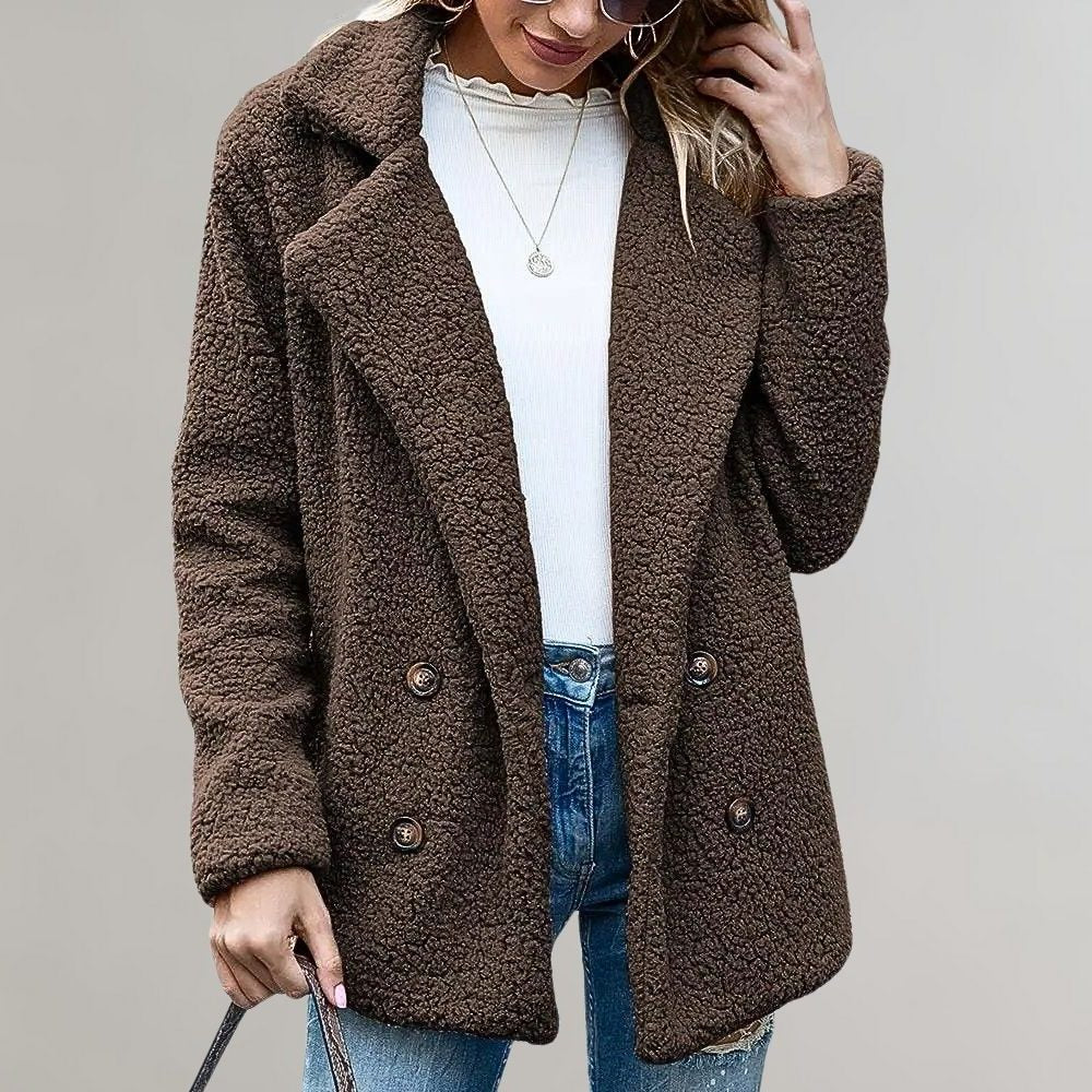 Women's coffee brown relaxed double-breasted teddy blazer jacket, front view