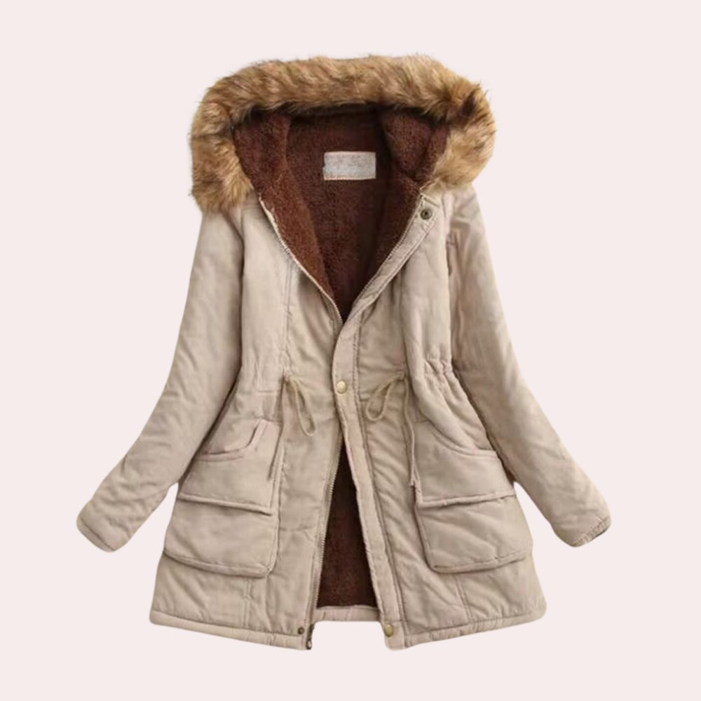 Women's faux-fur-trim hooded fleece-lined parka in khaki