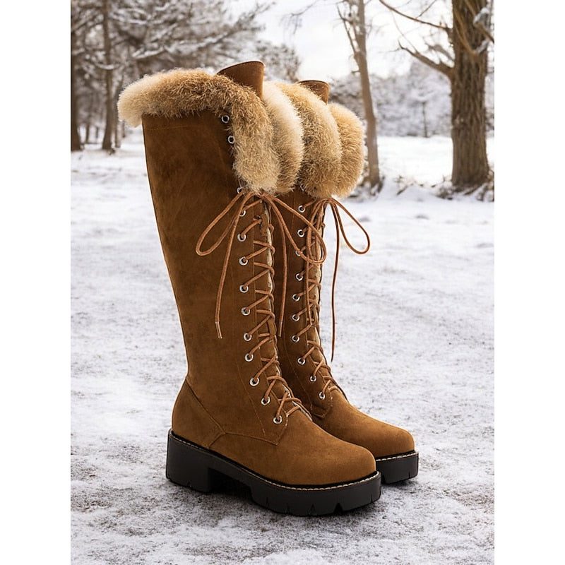 Women's camel lace-up knee-high platform boots in snow