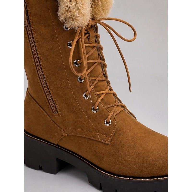 Camel knee-high boot zipper and lace detail