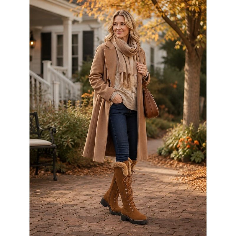Women's camel knee-high platform boots styled for fall