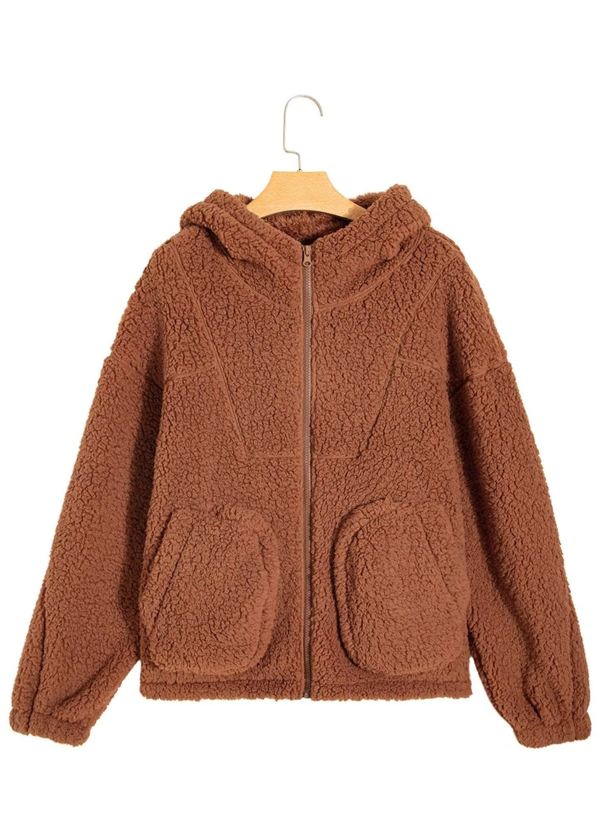 Women's brown hooded teddy zip-up jacket on a hanger