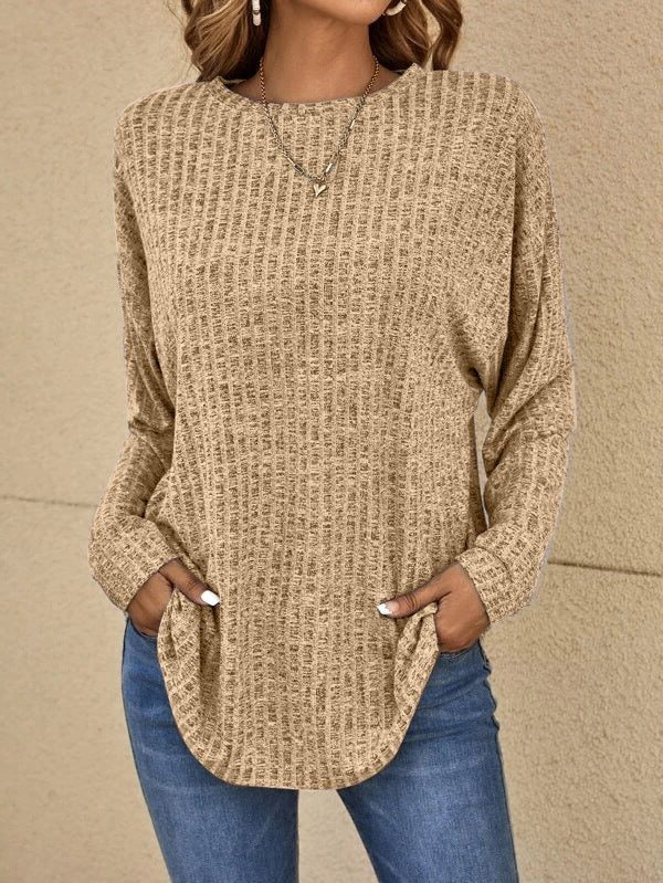 Women's relaxed ribbed-knit long-sleeve sweater in khaki