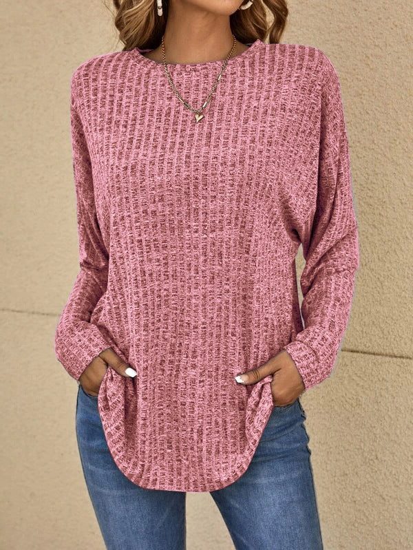 Women's relaxed ribbed-knit long-sleeve sweater in pink