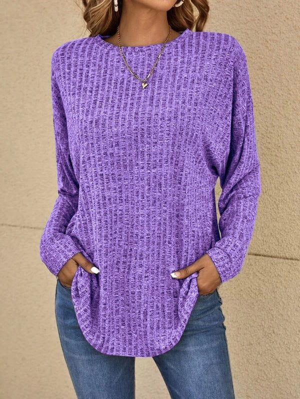 Women's relaxed ribbed-knit long-sleeve sweater in purple