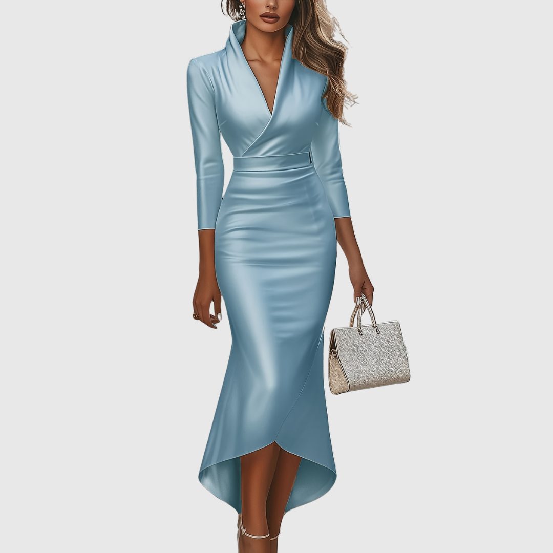 Women's V-neck high-low evening dress detail view