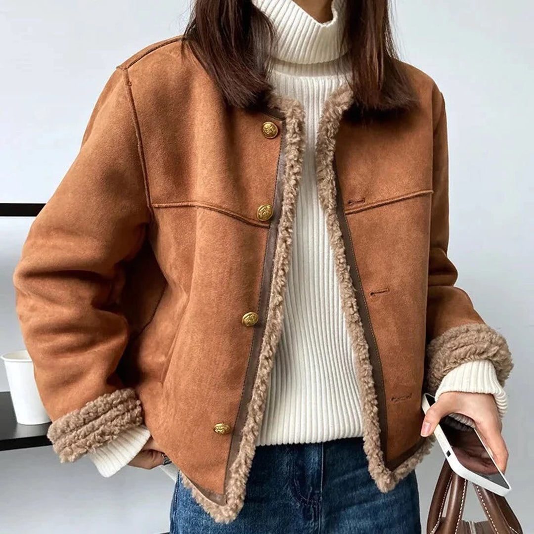 Marcia | Women's Suede-Look Button-Front Jacket with Shearling-Look Trim and Pockets